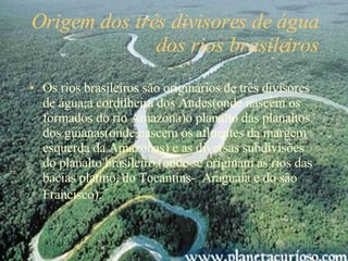Origem dos três divisores de água dos rios brasileiros Os rios brasileiros são originários de três divisores de água;a cordilheira dos Andes(onde nascem os formados do rio Amazona)o planalto das planaltos dos guianas(onde nascem os afluentes da margem esquerda da Amazonas) e as diversas subdivisões do planalto brasileiro.(onde se originam as rios das bacias platino, do Tocantins-  Araguaia e do são Francisco).   