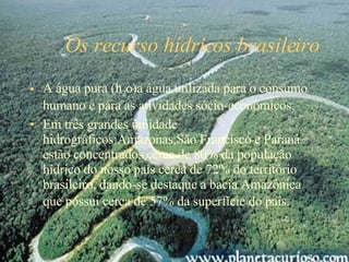 Os recurso hídricos brasileiro A água pura (h 2 o)a água utilizada para o consumo humano e para as atividades sócio-econômicos. Em três grandes umidade hidrográficos:Amazonas,São Francisco e Paraná estão concentrados cerca de 80% da população hídrico do nosso pais cerca de 72% do território brasileiro, dando-se destaque a bacia Amazônica que possui cerca de 57% da superfície do país.   