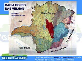 BACIA DO RIO
DAS VELHAS
   28.000 km2
   ~4 milhoes de hab




                       Fonte: ATLAS CBH Velhas
 