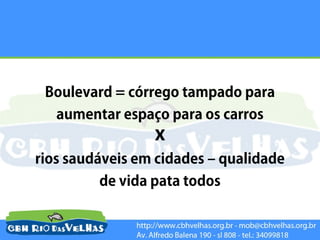 Boulevard = córrego tampado para
   aumentar espaço para os carros
                 x
rios saudáveis em cidades – qualidade
         de vida pata todos
 