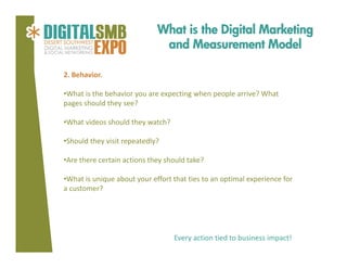 What is the Digital Marketing
and Measurement Model
2. Behavior.
•What is the behavior you are expecting when people arrive? What 
pages should they see? 
•What videos should they watch? 
•Should they visit repeatedly? 
•Are there certain actions they should take? 
•What is unique about your effort that ties to an optimal experience for 
a customer?

Every action tied to business impact!

 