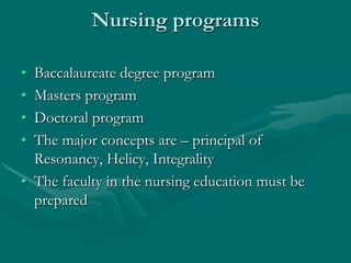 Nursing programs
• Baccalaureate degree program
• Masters program
• Doctoral program
• The major concepts are – principal ...