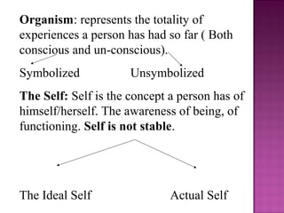 Organism: represents the totality of
experiences a person has had so far ( Both
conscious and un-conscious).
Symbolized Unsymbolized
The Self: Self is the concept a person has of
himself/herself. The awareness of being, of
functioning. Self is not stable.
The Ideal Self Actual Self
 