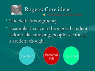 Rogers: Core ideasRogers: Core ideas
• The Self- IncongruencyThe Self- Incongruency
• Example: I strive to be a good student,Example: I strive to be a good student,
I don’t like studying, people see me asI don’t like studying, people see me as
a student though.a student though.
Real Self Ideal Self
Perceived
Self
Click Speaker icon to play narration
 