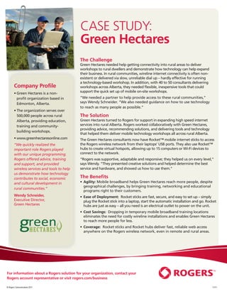 CASE STUDY:
                                             Green Hectares
                                             The Challenge
                                             Green Hectares needed help getting connectivity into rural areas to deliver
                                             workshops to rural dwellers and demonstrate how technology can help expand
                                             their business. In rural communities, wireline internet connectivity is often non-
                                             existent or delivered via slow, unreliable dial up – hardly effective for running
                                             a technology-based workshop. In addition, with 40 to 50 consultants delivering
       Company Proﬁle                        workshops across Alberta, they needed ﬂexible, inexpensive tools that could
       • Green Hectares is a non-            support the quick set up of mobile on-site workshops.
         proﬁt organization based in         “We needed a partner to help provide access to these rural communities,”
         Edmonton, Alberta.                  says Wendy Schneider. “We also needed guidance on how to use technology
                                             to reach as many people as possible.”
       • The organization serves over
         500,000 people across rural         The Solution
         Alberta, providing education,       Green Hectares turned to Rogers for support in expanding high speed internet
         training and community-             services into rural Alberta. Rogers worked collaboratively with Green Hectares,
                                             providing advice, recommending solutions, and delivering tools and technology
         building workshops.
                                             that helped them deliver mobile technology workshops all across rural Alberta.
       • www.greenhectaresonline.com         The Green Hectares consultants now have Rocket™ mobile internet sticks to access
       “We quickly realized the              the Rogers wireless network from their laptops’ USB ports. They also use Rocket™
       important role Rogers played          hubs to create virtual hotspots, allowing up to 15 computers or Wi-Fi devices to
       with our unique programming.          connect to the network.
       Rogers offered advice, training       “Rogers was supportive, adaptable and responsive; they helped us on every level,”
       and support, and provided             says Wendy. “They presented creative solutions and helped determine the best
       wireless services and tools to help   service and hardware, and showed us how to use them.”
       us demonstrate how technology
       contributes to social, economic       The Beneﬁts
       and cultural development in           • Agility: Mobile broadband helps Green Hectares reach more people, despite
                                               geographical challenges, by bringing training, networking and educational
       rural communities.”
                                               programs right to their customers.
       Wendy Schneider,                      • Ease of Deployment: Rocket sticks are fast, secure, and easy to set up – simply
       Executive Director,                     plug the Rocket stick into a laptop, start the automatic installation and go. Rocket
       Green Hectares                          hubs are just as easy – all you need is an electrical outlet to power on the unit.
                                             • Cost Savings: Dropping in temporary mobile broadband training locations
                                               eliminates the need for costly wireline installations and enables Green Hectares
                                               to reach more people for less.
                                             • Coverage: Rocket sticks and Rocket hubs deliver fast, reliable web access
                                               anywhere on the Rogers wireless network, even in remote and rural areas.




For information about a Rogers solution for your organization, contact your
Rogers account representative or visit rogers.com/business

© Rogers Communications 2011                                                                                                      11/11
 