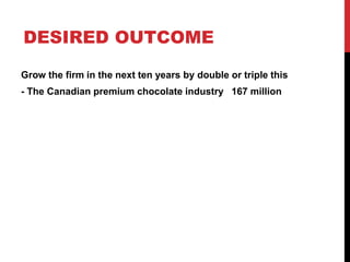 DESIRED OUTCOME
Grow the firm in the next ten years by double or triple this
- The Canadian premium chocolate industry 167 million
 