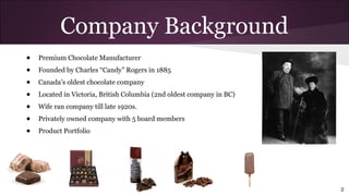 Company Background
● Premium Chocolate Manufacturer
● Founded by Charles “Candy” Rogers in 1885
● Canada’s oldest chocolate company
● Located in Victoria, British Columbia (2nd oldest company in BC)
● Wife ran company till late 1920s.
● Privately owned company with 5 board members
● Product Portfolio
2
 