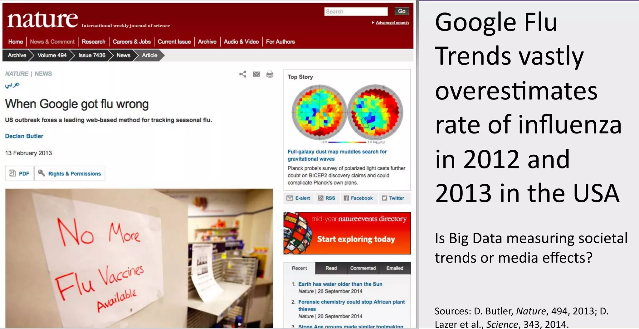 Prof. Dr. Richard Rogers, University of Amsterdam 
Google&Flu& 
Trends&vastly& 
overes2mates& 
rate&of&influenza& 
in&2012&and& 
2013&in&the&USA& 
Is&Big&Data&measuring&societal& 
trends&or&media&effects?& 
Sources:&D.&Butler,&Nature,&494,&2013;&D.& 
Lazer&et&al.,&Science,&343,&2014.& 
 