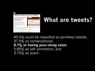 What are tweets?
40.5% could be classified as pointless babble,
37.5% as conversational,
8.7% as having pass-along value,
5.85% as self promotion, and
3.75% as spam.

 