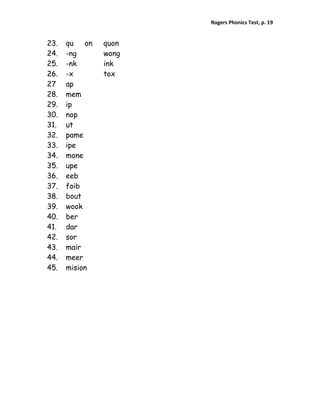 Rogers Phonics Test, p. 19  


23.   qu   on   quon
24.   -ng       wong
25.   -nk       ink
26.   -x        tox
27    ap
28.   mem
29.   ip
30.   nop
31.   ut
32.   pame
33.   ipe
34.   mone
35.   upe
36.   eeb
37.   foib
38.   bout
39.   wook
40.   ber
41.   dar
42.   sor
43.   mair
44.   meer
45.   mision
 