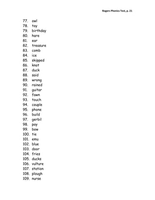 Rogers Phonics Test, p. 21  


77.    owl
78.    toy
79.    birthday
80.    hare
81.    ear
82.    treasure
83.    comb
84.    ice
85.    skipped
86.    knot
87.    duck
88.    said
89.    wrong
90.    rained
91.    guitar
92.    fawn
93.    touch
94.    couple
95.    phone
96.    build
97.    gerbil
98.    pay
99.    bow
100.   tie
101.   emu
102.   blue
103.   door
104.   fries
105.   ducks
106.   vulture
107.   station
108.   plough
109.   nurse
 