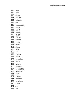 Rogers Phonics Test, p. 22  


110. bear
111. here
112. azure
113. column
114. scissors
115. gnat
116. chameleon
117. rhino
118. ghost
119. sauce
120. laugh
121. fridge
122. sundae
123. yo-yo
124. behind
125. sunny
126. dew
127. ore
128. cheese
129. cakes
130. magician
131. earth
132. where
133. cashier
134. courgette
135. welcome
136. castle
137. engine
138. bouquet
139. catalogue
140. chalk
141. prey
142. toe
 