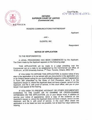 Rogers re glentel   issued notice of application  