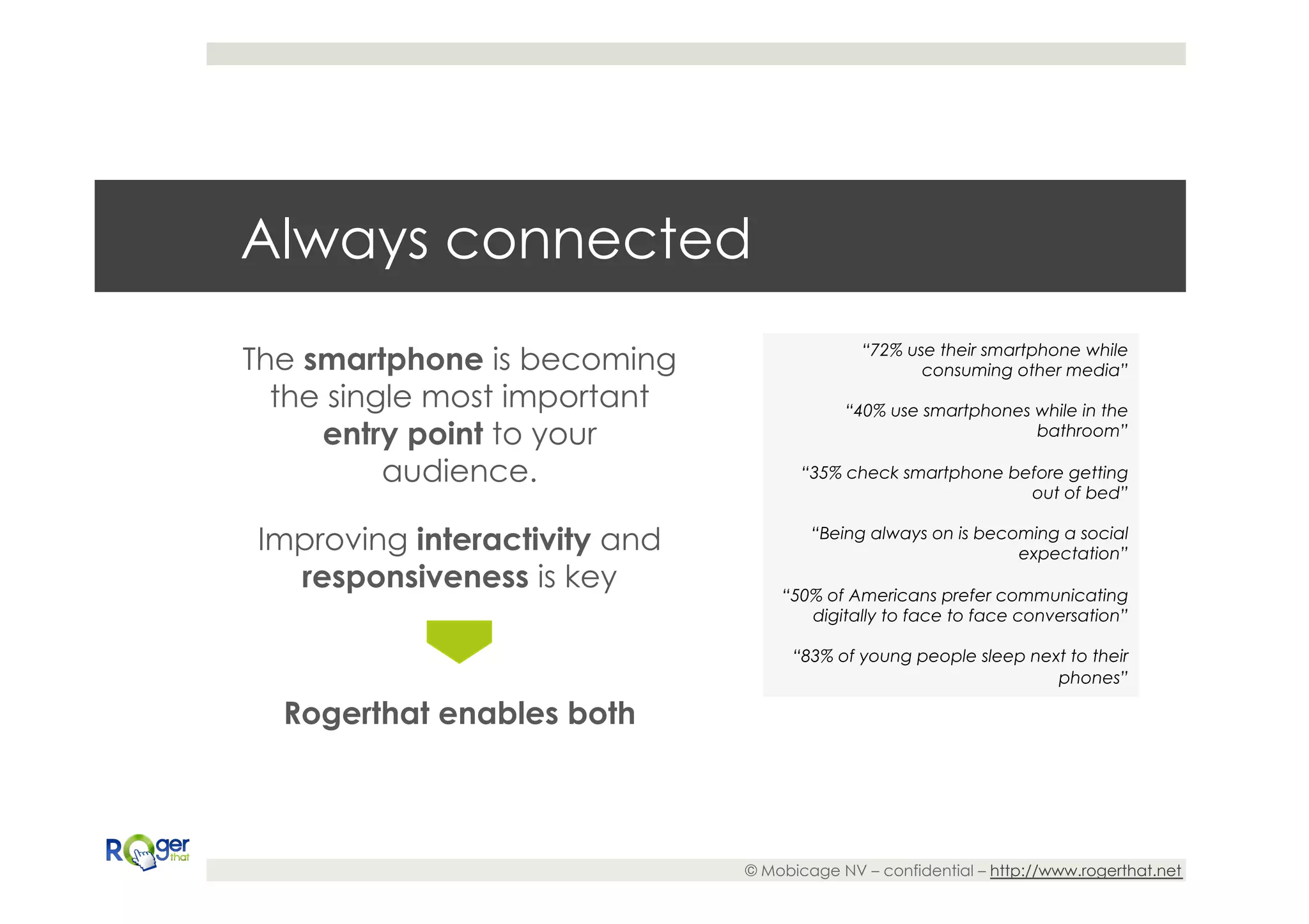 Always connected
The smartphone is becoming                  “72% use their smartphone while
                                                   consuming other media”
  the single most important               “40% use smartphones while in the
     entry point to your                                       bathroom”

          audience.                  “35% check smartphone before getting
                                                             out of bed”


Improving interactivity and           “Being always on is becoming a social
                                                              expectation”
  responsiveness is key           “50% of Americans prefer communicating
                                     digitally to face to face conversation”

                                   “83% of young people sleep next to their
                                                                 phones”

  Rogerthat enables both



                              © Mobicage NV – confidential – http://www.rogerthat.net
 