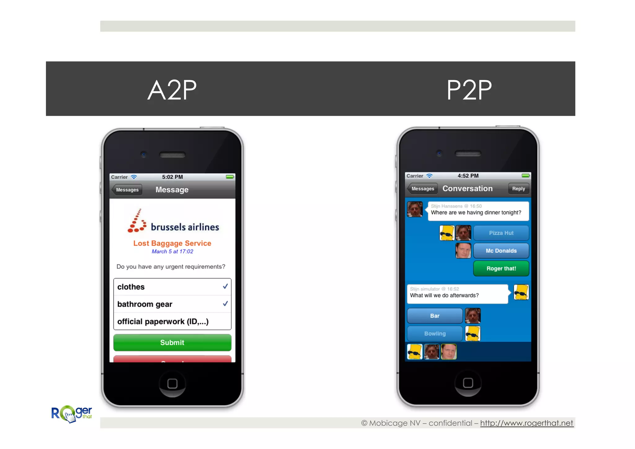 A2P                        P2P




      © Mobicage NV – confidential – http://www.rogerthat.net
 