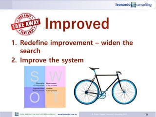 25© Roger Tregear, Leonardo Consulting 2015
1. Redefine improvement – widen the
search
2. Improve the system
Improved
Threats
to the process
Weaknesses
of the process
Strengths
of the process
Opportunities
for the process
W
T
S
O
 