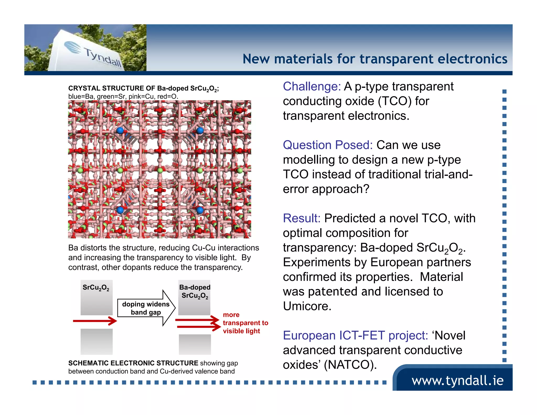 New materials for transparent electronics

CRYSTAL STRUCTURE OF Ba-doped SrCu2O2;                         Challenge: A p-type transparent
blue=Ba, green=Sr, pink=Cu, red=O.
                                                               conducting oxide (TCO) for
                                                               transparent electronics.

                                                               Question Posed: Can we use
                                                               modelling to design a new p-type
                                                               TCO instead of traditional trial-and-
                                                               error approach?

                                                               Result: Predicted a novel TCO, with
                                                               optimal composition for
Ba distorts the structure, reducing Cu-Cu interactions         transparency: Ba-doped SrCu2O2.
and increasing the transparency to visible light. By
contrast, other dopants reduce the transparency.               Experiments by European partners
                                                               confirmed its properties. Material
    SrCu
    S C 2 O2                     Ba-doped
                                 B d    d
                                 SrCu2O2                       was patented and licensed to
                doping widens
                  band gap
                                                               Umicore.
                                              more
                                              transparent to
                                              visible light
                                                               European ICT-FET project: ‘Novel
                                                                         ICT FET          Novel
                                                               advanced transparent conductive
SCHEMATIC ELECTRONIC STRUCTURE showing gap
between conduction band and Cu-derived valence band
                                                               oxides’ (NATCO).
                                                                                        www.tyndall.ie
 