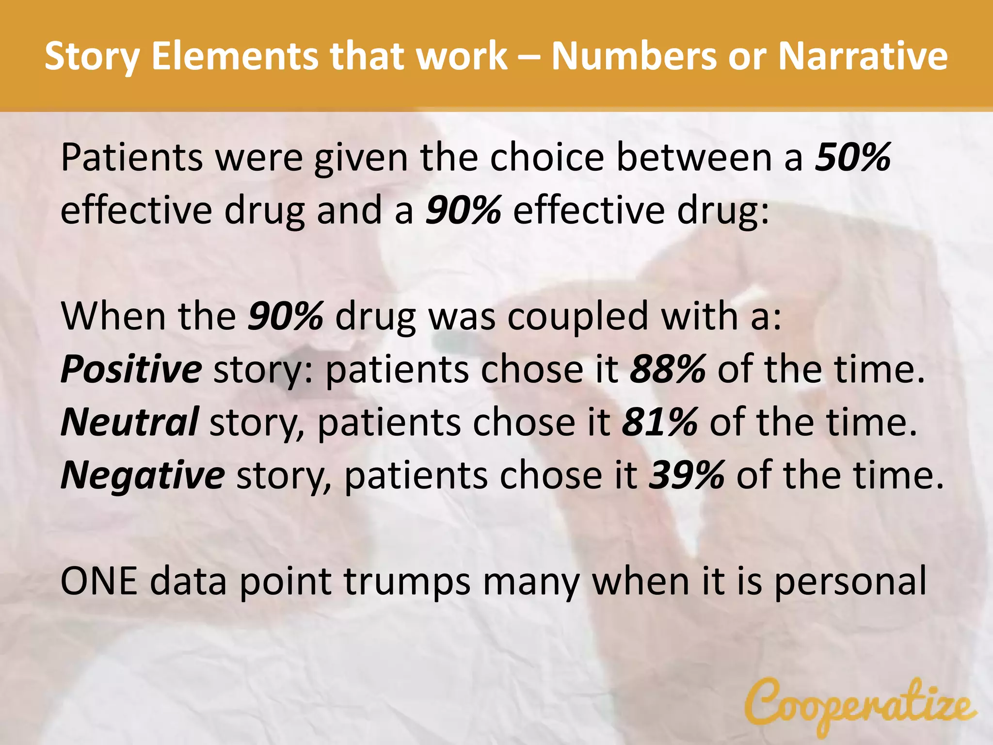 Story Elements that work – Numbers or Narrative
Patients were given the choice between a 50%
effective drug and a 90% effective drug:
When the 90% drug was coupled with a:
Positive story: patients chose it 88% of the time.
Neutral story, patients chose it 81% of the time.
Negative story, patients chose it 39% of the time.
ONE data point trumps many when it is personal
 