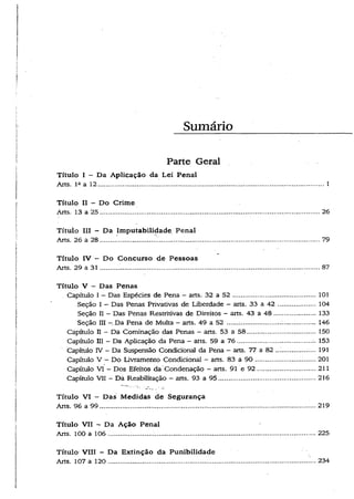 Sumário
Parte Geral
Título I — Da Aplicação da Lei Penal
Arts. Ia a 12.............;.............................................................................................. 1
Título II - Do Crime
Arts. 13 a 25........................................................................................ ...................26
Título III - Da Imputabilidade Penal
Arts. 26 a 28...........................'............................................................................... 79
Título IV - Do Concurso de Pessoas
Arts. 29 a 31............................................................................................................87
Título V - Das Penas
Capítulo I - Das Espécies de Pena - arts. 32 a 5 2 ........................................ 101
Seção I - Das Penas Privativas de Liberdade - arts. 33 a 4 2 .................. 104
Seção II - Das Penas Restritivas de Direitos - arts. 43 a 48.................... 133
Seção III —Da Pena de Multa —arts. 49 a 52 ........ ;................................. 146
Capítulo II - Da Cominação das Penas - arts. 53 a 58................................ 150
Capítulo III - Da Aplicação da Pena - arts. 59 a 76................................... 153
Capítulo IV - Da Suspensão Condicional da Pena - arts. 77 a 82 ............... . 191
Capítulo V - Do Livramento Condicional - arts. 83 a 9 0 ............................ 201
Capítulo VI ~ Dos Efeitos da Condenação —arts. 91 e 92..............................211
Capítulo VII ~ Da Reabilitação - arts. 93 a 95................................................ 216
Título VI - Das Medidas de Segurança
Arts. 96 a 99.................................................... .....................................................219
Título VII -r Da Ação Penal
Arts. 100 a 106........................................................ ............................................ 225
Título VIII — Da Extinção da Punibilidade
Arts. 107 a 120.................................................................................................. 234
 