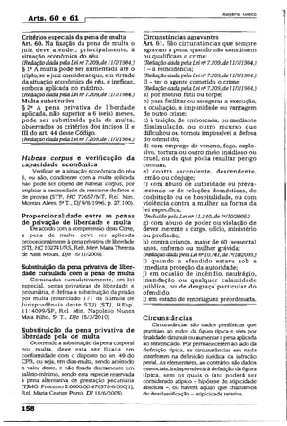 Arts. 60 e 61 [
Rogério Greco
Critérios especiais da pena de multa
Art. 60. Na fixação da pena de multa o
juiz deve atender, principalmente, à
situação econômica do réu.
(RedaçãodadapelaLeina7.209,de 11/7/1984.)
§ l c A multa pode ser aumentada até o
triplo, se ojuiz considerar que, emvirtude
da situação econômica do réu, é ineficaz,
embora aplicada no máximo.
(RedaçãodadapelaLeina7.209, de11/7/1984.)
Multa substitutiva
§ 2a A pena privativa de liberdade
aplicada, não superior a 6 (seis) meses,
pode ser substituída pela de multa,
observados os critérios dos incisos II e
III do art 44 deste Código.
(RedaçãodadapelaLein° 7.209, de 11/7/1984.)
Habeas corpus e verificação da
capacidade econômica
Verificar se a situação econômica do réu
é, ou não, condizente com a multa aplicada
não pode ser objeto de habeas corpus, por
implicar a necessidade de reexame de fatos e
de provas (STF, HC 72657/MT, Rel. Min.
Moreira Alves, 5aT., DJ9/8/1996, p. 27.100).
Proporcionalidade entre as penas
de privação de liberdade e multa
De acordo com a compreensão desta Corte,
a pena de multa deve ser aplicada
proporcionalmente àpenaprivativade liberdade
(STJ, HC 102741/RS, Rel3. Min3.Maria Thereza
de Assis Moura, DJe 16/11/2009).
Substituição da pena privativa de liber­
dade cumulada com a pena de multa
Cominadas cumulativamente, em lei
especial, penas privativas de liberdade e
pecuniária, é defesa a substituição da prisão
por multa (enunciado 171 da Súmula de
Jurisprudência deste STJ) (STJ, REsp.
1114099/SP, Rel. Min. Napoleão Nunes
Maia Filho, 5aT., DJe 15/3/2010).
Substituição da pena privativa de
liberdade pela de multa
Ocorrendo a substituição da pena corporal
por muita, deve esta ser fixada em
conformidade com o disposto no art. 49 do
CPB, ou seja, em dias-multa, sendo arbitrado
o valor deste, e não fixada diretamente em
saJário-mínimo, sendo esta espécie reservada
à pena alternativa de prestação pecuniária
(TJMG, Processo 2.0000.00.476578-6/000(1),
Rel. Maria Celeste Porto, DJ 18/6/2005).
Circunstâncias agravantes
Art. 61. São circunstâncias que sempre
agravam a pena, quando não constituem
ou qualificam o crime:
(RedaçãodadapelaLeina7.209, de11/7/1984.)
I - a reincidência;
(RedaçãodadapelaLei ns7.209, de 11/7/1984.)
II - ter o agente cometido o crime:
(RedaçãodadapelaLeina7.209, de11/7/1984.)
a) por motivo fútil ou torpe;
b) para facilitar ou assegurar a execução,
a ocultação, a impunidade ou vantagem
de outro crime;
c) à traição, de emboscada, ou mediante
dissimulação, ou outro recurso que
dificultou ou tomou impossível a defesa
do ofendido;
d) com emprego de veneno, fogo, explo­
sivo, tortura ou outro meio insidioso ou
cruel, ou de que podia resultar perigo
comum;
e) contra ascendente, descendente,
irmão ou cônjuge;
f) com abuso de autoridade ou preva­
lecendo-se de relações domésticas, de
coabitação ou de hospitalidade, ou com
violência contra a mulher na forma da
lei específica;
(Incluído pelaLei na11.340, de Ia/10/2006.)
g) com abuso de poder ou violação de
dever inerente a cargo, ofício, ministério
ou profissão;
h) contra criança, maior de 60 (sessenta)
anos, enfermo ou mulher grávida;
(RedaçãodadapelaLeinú10.741,deM10/2003.)
i) quando o ofendido estava sob a
imediata proteção da autoridade;
j) em ocasião de incêndio, naufrágio,
inundação ou qualquer calamidade
pública, ou de desgraça particular do
ofendido;
1) em estado de embriaguez preordenada.
Circunstâncias
Circunstâncias são dados periféricos que
gravitam ao redor da figura típica e têm por
finalidadediminuirou aumentarapena aplicada
ao sentenciado. Por permaneceremao lado da
definição típica, as circunstâncias em nada
interferem na definição jurídica da infração
penal. As elementares, ao contrário, são dados
essenciais, indispensáveis à definição da figura
típica, sem os quais o fato poderá ser
considerado atípico - hipótese de atipicidade
absoluta ~, ou haverá aquiio que chamamos
de desclassificação - atipicidade relativa.
158
 
