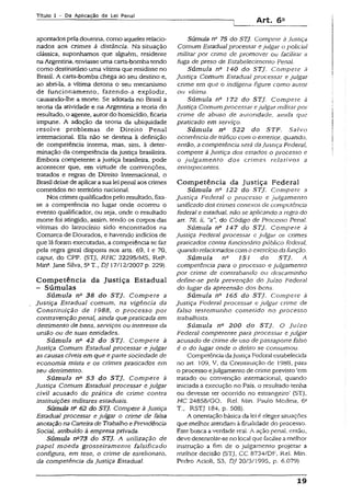 Título I - Da Aplicação da Lei Penal
Art. 6Q
apontadospela doutrina, como aqueles relacio­
nados aos crimes à distância. Na situação
clássica, suponhamos que alguém, residente
na Argentina, enviasse uma carta-bomba tendo
como destinatário uma vítima que residisse no
Brasil. A carta-bomba chega ao seu destino e,
ao abri-la, a vítima detona o seu mecanismo
de funcionamento, fazendo-a explodir,
causando-lhe a morte. Se adotada no Brasil a
teoria da atividade e na Argentina a teoria do
resultado, o agente, autordo homicídio, ficaria
impune. A adoção da teoria da ubiquidade
resolve problemas de Direito Penal
internacional. Eía não se destina à definição
de competência interna, mas, sim, à deter­
minação da competência da justiça brasileira.
Embora competente a justiça brasileira, pode
acontecer que, em virtude de convenções,
tratados e regras de Direito Internacional, o
Brasil deixe de aplicarasualei penal aos crimes
cometidos no território nacional.
Nos crimes qualificadospeio resultado, fixa-
se a competência no lugar onde ocorreu o
evento qualificador, ou seja, onde o resultado
morte foi atingido, assim, tendo os corpos das
vítimas do latrocínio sido encontrados na
Comarca de Dourados, e havendo indícios de
que lã foram executadas, a competência se faz
peia regra geral disposta nos arts. 69, I e 70,
caput, do CPP. (STJ, RHC 22295/MS, Rel2.
Mín*. Jane Silva, 5aT., DJ 17/12/2007 p. 229).
Competência da Justiça Estadual
- Súmulas
Súmula n0- 38 do STJ. Com pete a
Justiça Estadual comum, na vigência da
Constituição de 1988, o processo por
contravenção penal, ainda que praticada em
detrimento de bens, serviços ou interesse da
união ou de suas entidades.
Súmula na 42 do STJ. Com pete à
Justiça Comum Estadual processar e julgar
as causas cíveis em que e parte sociedade de
economia mista e os crimes praticados em
seu detrimento.
Súmula na 53 do STJ. Com pete à
Justiça Comum Estadual processar e julgar
civil acusado de prática de crime contra
instituições militares estaduais.
Súmula r? 62 do STJ. Compete à Justiça
Estadual processar e julgar o crime de falsa
anotaçãona Carteira de Trabalho ePrevidência
Social, atribuído à empresa privada.
Súmula tP 73 do STJ. A utilização de
papel moeda grosseiramente falsificado
configura, em tese, o crime de estelionato,
da competência da Justiça Estadual.
Súmula nu 75 do STJ. Compete à Justiça
Comum Estadual processar ejulgar o policial
militar por cnme de promover ou facilitar a
fuga de preso de Estabelecimento Penal.
Súmula n& 140 do STJ. Compete à
Justiça Comum Estadual processar e julgar
crime em que o indígena figure como autor
ou vítima.
Súmula nQ 172 do STJ. Compete à
Justiça Comum processar ejulgar militar por
críme de abuso de autoridade, ainda que
praticado em serviço.
Súmula n° 522 do STF. Salvo
ocorrência de tráfico com o exterior, quando,
então, acompetência será daJustiça Federal,
compete àJustiça dos estados o processo e
o julgam ento dos crimes relativos a
entorpecentes.
Com petência da Justiça Federal
Súmula n° 122 do STJ. Compete a
Justiça Federal o processo e julgamento
unificado dos crimes conexos de competência
federal e estadual, não se aplicando a regra do
art. 78, ii, "a", do Código de Processo Penal.
Súmula na 147 do STJ. Compete à
Justiça Federal processar e julgar os crimes
praticados contra funcionário público federal,
quandorelacionados com o exercício dafunção.
Súmula na 151 do STJ. A
competência para o processo e julgamento
por crime de contrabando ou descaminho
define-se pela prevenção do Juízo Federal
do lugar da apreensão dos bens.
Súmula n° 165 do STJ. Compete à
Justiça Federal processar e julgar crime de
falso testemunho cometido no processo
trabalhista.
Súmula na 200 do STJ. O Juízo
Federal competente para processar e julgar
acusado de crime de uso de passaporte falso
é o do lugar onde o delito se consumou.
Competência dajustiça Federal estabelecida
no art. 109, V, da Constituição de 1988, para
o processo ejulgamento de crime previsto ‘em
tratado ou convenção internacional, quando
iniciada a execução no País, o resultado tenha
ou devesse ter ocorrido no estrangeiro’ (STJ,
HC 24858/GO, Rel. Min. Paulo Medina, &
r., RSTj 184, p. 508).
A orientação básica da ieí é eleger situações
que melhor atendam à finalidade do processo.
Este busca averdade real. A ação penal, então,
deve desenxolar-se no local que facilite amelhor
instrução a fim de o julgamento projetar a
melhor decisão (STJ, CC 8734/DF, Rel. Min.
Pedro Aciolí, S3, DJ 20/3/1995, p. 6.079).
19
 