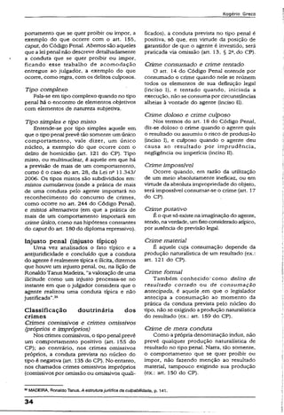 portamento que se quer proibir ou impor, a
exemplo do que ocorre com o art. 155,
caput, do Código Penal. Abertos são aqueles
que a lei penal não descreve detalhadamente
a conduta que se quer proibir ou impor,
ficando esse trabalho de acomodação,
entregue ao julgador, a exemplo do que
ocorre, como regra, com os delitos culposos.
Tipo complexo
Fala-se em tipo complexo quando no tipo
penal há o encontro de elementos objetivos
com elementos de natureza subjetiva.
Tipo simples e tipo misto
Entende~se por tipo simples aquele em
que o tipo penal prevê tão somente um único
comportamento, vale dizer, um único
núcleo, a exemplo do que ocorre com o
delito de homicídio (art. 121 do CP). Tipo
misto, ou multinuclear, é aquele em que há
a previsão de mais de um comportamento,
como é o caso do art. 28, da Lei n° 11.343/
2006. Os tipos mistos são subdivididos em:
mistos cumulativos (onde a prática de mais
de uma conduta pelo agente importará no
reconhecimento do concurso de crimes,
como ocorre no art. 244 do Código Penal),
e mistos alternativos (em que a prática de
mais de um comportamento importará em
crime único, como nas hipóteses constantes
do caputdo art. 180 do diploma repressivo).
Injusto penal (injusto típico)
Uma vez analisados o fato típico e a
antijuridicidade e concluído que a conduta
do agente é realmente típica e ilícita, dizemos
que houve um injusto penal, ou, na lição de
Ronaldo Tanus Madeira, “avaloração de uma
iiicitude como um injusto processa-se no
instante em que o julgador considera que o
agente realizou uma conduta típica e não
justificada”.35
Classificação doutrinária dos
crimes
Crimes comissivos e crimes omissivos
(próprios e impróprios)
Nos crimes comissivos, o tipo penal prevê
um comportamento positivo (art. 155 do
CP); ao contrário, nos crimes omissivos
próprios, a conduta prevista no núcleo do
tipo é negativa (art. 135 do CP). No entanto,
nos chamados crimes omissivos impróprios
(comissivos por omissão ou omissivos quali­
ficados), a conduta prevista no tipo penal é
positiva, só que, em virtude da posição de
garantidor de que o agente é investido, será
praticada via omissão (art. 13, § 2a,do CP).
Crime consumado e crime tentado
O art. 14 do Código Penal entende por
consumado o crime quando nele se reúnem
todos os elementos de sua definição legal
(inciso I), e tentado quando, iniciada a
execução, não se consuma por circunstâncias
alheias à vontade do agente (inciso il).
Crime doloso e crime culposo
Nos termos do art. 18 do Código Penal,
diz-se doloso o crime quando o agente quis
o resultado ou assumiu o risco de produzi-lo
(inciso I), e culposo quando o agente deu
causa ao resultado por imprudência,
negligência ou imperícía (inciso II).
Crime impossível
Ocorre quando, em razão da utilização
de um meio absolutamente ineficaz, ou em
virtude da absoluta impropriedade do objeto,
será impossível consumar-se o crime (art. 17
do CP).
Crime putativo
É o que só existe na imaginação do agente,
sendo, naverdade, umfatoconsideradoatípico,
por ausência de previsão legal.
Crime material
É aquele cuja consumação depende da
produção naturalística de um resultado (ex.:
art. 121 do CP).
Crime formal
Também conhecido'como delito de
resultado cortado ou de consumação
antecipada, é aquele .em que o legislador
antecipa a consumação ao momento da
prática da conduta prevista pelo núcleo do
tipo, não se exigindo aprodução naturalística
do resultado (ex.: art. 159 do CP).
Crime de mera conduta
Como a própria denominação induz, não
prevê qualquer produção naturalística de
resultado no tipo penal. Narra, tão somente,
o comportamento que se quer proibir ou
impor, não fazendo menção ao resultado
material, tampouco exigindo sua produção
(ex.: art. 150 do CP).
35MADEIRA, RonaldoTanus. A estruturajurídica da culpabilidade, p. 141.
34
 