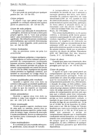 Títuio II - Do Crime
Crime comum
É o que pode ser praticado por qualquer
pessoa (ex.: art. 121 do CP).
Crime próprio
É aquele cujo tipo penai exige uma
qualidade ou condição especial dos sujeitos
ativos ou passivos (ex.: art. 123 do CP).
Crime de mão própria
É aquele cuja execução é intransferível,
indelegável, devendo ser levado a efeito pelo
próprio agente, isto é, “com suas próprias
mãos”, para entendermos literalmente o seu
significado. São infrações penais consideradas
personalíssimas, que somente determinadas
pessoas, e mais ninguém, pode praticá-las
(ex.: art. 342 do CP).
Crimes hediondos
São os previstos como tal peia Lei
na8.072/90.
Crimes militares próprios e impróprios
São próprios os crimes militares quando a
previsão do comportamento incriminado
somente encontra moldura no Código Penal
Militar, não havendo previsão de punição do
mesmo comportamento em outras ieis penais
(ex.: art. 203 do CPM). Impróprios são aqueles
crimes previstos na legislação castrense, que
também se encontram no Código Penal ou
em leis especiais (ex.: furto ou lesões corporais).
Crimes qualificados pelo resultado
Quando o agente atua com dolo na
conduta e dolo quanto ao resultado qualificador
(ex.: art. 129, § Ia, do CP), ou dolo na conduta
e culpa no que diz respeito ao resultado
qualificador (ex.: art. 129, § 3o, do CP).
Crime preterdoloso
Quando o agente atua com dolo na
conduta e culpa com relação ao resultado
(ex.: art. 129, § 3Q, do CP).
Crime continuado
Ocorre quando o agente, mediante mais
de uma ação ou omissão, pratica dois ou
mais crimes da mesma espécie e, pelas condi­
ções de tempo, lugar, maneira de execução
e outras semelhantes, devem os subsequentes
ser havidos como continuação do primeiro
(art. 71 do CP).
Crime multitudinário
É o cometido por uma multidão delinqüen­
te, geralmente, numa situação de tumulto.
A jurisprudência do STF vem se
orientando no sentido de que é admitida a
narração genérica dos fatos, sem discri­
minação da conduta específica de cada
denunciado (CPP, art. 41), quando se [rata
de crime multitudinário, eis que só a instrução
pode esclarecer quem concorreu, participou
ou ficou alheio à situação ilícita ou ao
resultado com ela obndo (TjM G, AC
1.0024.03.022840-7/001, Rel. Des. Kduardo
Brum, DJ 1V8/2006).
Nos crimes multitudinários, ou de autoria
coletiva, a denúncia pode narrar generi­
camente a participação de cada agente, cuja
conduta específica é apurada no curso do
processo. A exigência de indicação na
denúncia de ‘todas as circunstâncias do fato
criminoso’ (CPP, art. 41) vem sendo miti­
gada pelos pretórios quando se trata de crime
de autoria coletiva, desde que se permita o
exercício do direito de defesa. Precedente
(STF, HC 78937/MG, Rel. Min. Maurício
Corrêa, 2â T., DJ 29/8/2003, p. 34).
Crime de dano
É aquele que, para asua consumação, deve
haver a efetiva lesão ao bem juridicamente
protegido pelo tipo (ex.: art. 163 do CP).
Crime de perigo
É aquele no qual o tipo penal prevê um
comportamento que traz perigo de dano ao
bem juridicamente protegido. Pode ser
subdividido em crime de perigo concreto (no
qual há necessidade de se provar que o
comportamento praticado criou, efetivamente,
a situação de perigo ao bem jurídico, como
ocorre com o art. 309 da Lei nc 9.503/97) ou
crime deperigo abstrato, também reconhecido
como de perigo presumido, em que basta a
prática do comportamento previsto pelo tipo
para que a infração penal reste consumada,
independentemente da produção efetiva de
perigo ao bem juridicamente tutelado, a
exemplo do que ocorre com a posse irregular
de arma de fogo de uso permitido (art. 14 da
Lei na 10.826, de 22 de dezembro de 2003),
bem como o art. 306 do Código de Trânsito
brasileiro que, com a nova redação que lhe foi
dada pela Lei na 11.705, de 19 de junho de
2008, que presume o perigo do
comportamento daquele que é surpreendido
conduzindo veículo automotor, na via pública,
estando com concentração de ãlcooi por litro
de sangue igual ou superior a 6 (seis)
decigramas, ou sob a influência de qualquer
outra substância psicoativa que determine
dependência.
35
 