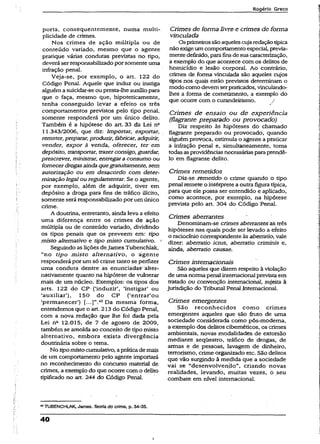Rogério Greco
porta, consequentemente, numa multi­
plicidade de crimes.
Nos crimes de ação múltipla ou de
conteúdo variado, mesmo que o agente
pratique várias condutas previstas no tipo,
deveráserresponsabilizadopor somente uma
infração penal.
Veja-se, por exemplo, o art. 122 do
Código Penal. Aquele que induz ou instiga
alguéma suicidar-se ou presta-lhe auxíliopara
que o faça, mesmo que, hipoteticamente,
tenha conseguido levar a efeito os três
comportamentos previstos pelo tipo penal,
somente responderá por um único delito.
Também é a hipótese do art. 33 da Lei na
11.343/2006, que diz: Importar, exportar,
remeter, preparar, produzir, fabricar, adquirir,
vender, expor à venda, oferecer, ter em
depósito, transportar, trazerconsigo, guardar,
prescrever, ministrar, entregara consumo ou
fornecerdrogasaindaquegratuitamente, sem
autorização ou em desacordo com deter­
minação legal ou regulamentar. Se o agente,
por exemplo, além de adquirir, tiver em
depósito a droga para fins de tráfico ilícito,
somente será responsabilizado por um único
crime.
A doutrina, entretanto, ainda leva a efeito
uma diferença entre os crimes de ação
múltipla ou de conteúdo variado, dividindo
os tipos penais que os preveem em: tipo
misto alternativo e tipo misto cumulativo. '
Seguindo as lições deJames Tubenchlak,
“no tipo misto alternativo, o agente
responderá por um só crime tanto seperfizer
uma conduta dentre as enunciadas alter­
nativamente quanto na hipótese de vulnerar
mais de um núcleo. Exemplos: os tipos dos
arts. 122 do CP (‘induzir’, ‘instigar’ ou
‘auxiliar’), 150 do CP (‘entrar’ou
‘permanecer’) 42Da mesma forma,
entendemos que o art. 213 do Código Penal,
com a nova redação que lhe foi dada pela
Lei nft 12.015, de 7 de agosto de 2009,
também se amolda ao conceito de tipo misto
alternativo, embora exista divergência
doutrinária sobre o tema.
No tipomistocumulativo, apráticademais
de um comportamento pelo agente importará
no reconhecimento do concurso material de
crimes, a exemplo do que ocorre com o delito
tipificado no art. 244 do Código Pena!.
Crimes de forma livre e crimes de forma
vinculada
Osprimeirossãoaquelescujaredaçãotípica
não exigeumcomportamentoespecial, previa­
mente definido, parafinsdesua caracterização,
a exemplo do que acontece com os delitos de
homicídio e lesão corporal. Ao contrário,
crimes de forma vinculada são aqueles cujos
tipos nos quais estão previstos determinam o
modo como devem serpraticados, vinculando-
lhes a forma de cometimento, a exemplo do
que ocorre com o curandeirismo. /
Crimes de ensaio ou de experiência
(flagrante preparado ou provocado)
Diz respeito às hipóteses do chamado
flagrante preparado ou provocado, quando
alguém provoca, estimula o agente a praticar
a infração penal e, simultaneamente, toma
todas asprovidências necessáriaspara prendê-
lo em flagrante delito.
Crimes remetidos
Diz-se remetido o crime quando o tipo
penal remete o intérpretea outra figura típica,
para que ele possa ser entendido e aplicado,
como acontece, por exemplo, na hipótese
prevista peio art. 304 do Código Penal.
Crimes aberrantes
D.enominam-se crimes aberrantes as-três
hipóteses nas quais pode ser levado a efeito
o raciocínio correspondente às aberratio, vale
dizer: aberratio ictus, aberratio críminis e,
ainda, aberratio causae.
Crimes internacionais
São aqueles que dizem respeito à violação
de uma norma penal internacional previstaem
tratado ou convenção internacional, sujeita à
jurisdição do Tribunal Penal jlntemacional.
Crimes emergentes
São reconhecidos como crimes
emergentes aqueles que. são fruto de uma
sociedade considerada como pós-modema,
a exemplo dos delitos cibernéticos, os crimes
ambientais, novas modalidades de extorsão
mediante seqüestro, tráfico de drogas, de
armas e de pessoas, lavagem de dinheiro,
terrorismo, crime organizado etc. São delitos
que vão surgindo à medida que a sociedade
vai se “desenvolvendo”, criando novas
realidades, levando, muitas vezes, o seu
combate em nível internacional.
43TUBENCHLAK, James. Teoria do crime, p. 34-35.
40
i
 