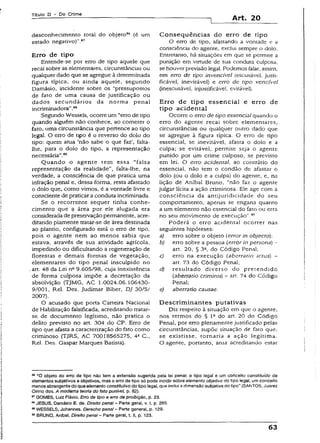 Título II - Do Crime
Art. 20
desconhecimento total do objeto86 {é um
estado negativo)”.87
Erro de tipo
Entende-se por erro de tipo aquele que
recai sobre as elementares, circunstâncias ou
qualquer dado que se agregue à determinada
figura típica, ou ainda aquele, segundo
Damásio, incidente sobre os “pressupostos
de fato de uma causa de justificação ou
dados secundários da norma penal
incriminadora",88
Segundo Wessels, ocorre um “erro de tipo
quando alguém não conhece, ao cometer o
fato, uma circunstância que pertence ao tipo
legal. O erro de tipo é o reverso do dolo do
tipo: quem atua ‘não sabe o que faz’, falta-
ihe, para o dolo do tipo, a representação
necessária”.89
Quando o agente tem essa “falsa
representação da realidade", falta-lhe, na
verdade, a consciência de que pratica uma
infração penal e, dessa forma, resta afastado
o dolo que, como vimos, é a vontade livre e
consciente de praticara conduta incriminada.
Se o recorrente sequer tinha conhe­
cimento que a área por ele alugada era
considerada de preservação permanente, acre­
ditando piamente tratar-se de área destinada
ao plantio, configurado está o erro de tipo,
pois o agente nem ao menos sabia que
estava, através de sua atividade agrícola,
impedindo ou dificultando a regeneração de
florestas e demais formas de vegetação,
elementares do tipo penal insculpido no
.art. 48 da Lei ne9.605/98, cuja inexistência
de forma culposa impõe a decretação da
absolvição (TJMG, AC 1.0024.06.106430-
9/001, Rel. Des. judimar Biber, DJ 30/5/
2007).
O acusado que porta Carteira Nacional
de Habilitação falsificada, acreditando tratar-
se de documento legítimo, não pratica o
delito previsto no art. 304 do CP. Erro de
tipo que afasta a caracterização do fato como
criminoso (TJRS, AC 70018565275, 4a C.,
Rel. Des. Gaspar Marques Batista).
Conseqüências do erro de tipo
O erro de tipo, afastando a vontade e a
consciência do agente, exclui sempre o dolo.
Entretanto, há situações em que se permite a
punição em virtude de sua conduta culposa,
se houver previsãolegal. Podemos falar, assim,
em erro de tipo invencível (escusável, justi­
ficável, inevitável) e erro de tipo vencívei
(inescusável, injustificável, evirável).
Erro de tipo essencial e erro de
tipo acidental
Ocorre o erro de tipo essencial quando o
erro do agente recai sobre elementares,
circunstâncias ou qualquer outro dado que
se agregue à figura típica. O erro de tipo
essencial, se inevitável, afasta o dolo e a
culpa; se evitável, permite seja o agente
punido por um crime culposo, se previsto
em lei. O erro acidental, ao contrário do
essencial, não tem o condão de afastar o
dolo (ou o dolo e a culpa) do agente, e, na
lição de Aníbal Bruno, “não faz o agente
julgar lícita a ação criminosa. Ele age com a
consciência da antijuridicidade do seu
comportamento, apenas se engana quanto
a um elemento não essencial do fato ou erra
no seu movimento de execução".90
Poderá o erro acidental ocorrer nas
seguintes hipóteses:
a) erro sobre o objeto (error in objecto)
b) erro sobre a pessoa (error in persona) -
art. 20. § 32, do Código Penal;
c) erro na execução (aberratio ictus) -
art. 73 do Código Penal;
d) resultado diverso do pretendido
(aberratio críminis) - art. 74 do Código
Penal;
e) aberratio causae.
Descrim ínantes putativas
Diz respeito à situação em que o agente,
nos termos do § 1Qdo art. 20 do Código
Penal, por erro plenamente justificado pelas
circunstâncias, supõe situação de fato que,
se existisse, tornaria a ação legítima.
O agente, portanto, atua acreditando estar
68"O objeto do erro de tipo não tern a extensão sugerida peía lei pena): o tipo íega! é um conceito constituído de
elementos subjetivos e objetivos, mas o erro de tipo só pode incidirsobre elemento objetivo do tipo legal, umconceito
menosabrangentedo que elemento constitutivo do tipo legal, que incluí adimensão subjetiva do tipo" (SANTOS, Juarez
Cirino dos. A moderna teoria do fato punível, p. 82).
87GOMES, Luiz Flávio. Erro de tipo e erro de proibição, p. 23.
58JESUS, Damásio E. de. Direito penal - Parte geral, v. j, p. 265-
39WESSELS, Johannes. Derecho penai - Parte general, p. 129.
60BRUNO, Anfbai. Direito penal - Parte geral, 1.1!, p. 123.
63
 