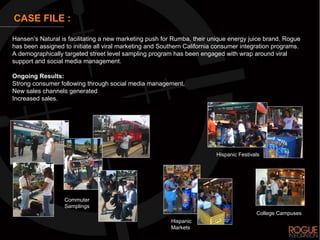 CASE FILE :
Hansen’s Natural is facilitating a new marketing push for Rumba, their unique energy juice brand. Rogue
has been assigned to initiate all viral marketing and Southern California consumer integration programs.
A demographically targeted street level sampling program has been engaged with wrap around viral
support and social media management.

Ongoing Results:
Strong consumer following through social media management.
New sales channels generated
Increased sales.




                                                                         Hispanic Festivals




                  Commuter
                  Samplings
                                                                                         College Campuses
                                                         Hispanic
                                                         Markets
 