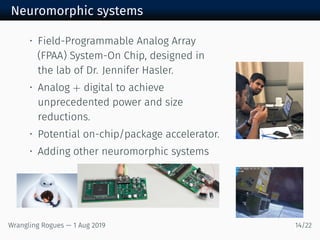 Neuromorphic systems
• Field-Programmable Analog Array
(FPAA) System-On Chip, designed in
the lab of Dr. Jennifer Hasler.
• Analog + digital to achieve
unprecedented power and size
reductions.
• Potential on-chip/package accelerator.
• Adding other neuromorphic systems
Wrangling Rogues — 1 Aug 2019 14/22
 