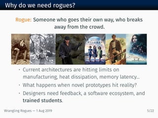 Why do we need rogues?
Rogue: Someone who goes their own way, who breaks
away from the crowd.
• Current architectures are hitting limits on
manufacturing, heat dissipation, memory latency...
• What happens when novel prototypes hit reality?
• Designers need feedback, a software ecosystem, and
trained students.
Wrangling Rogues — 1 Aug 2019 5/22
 