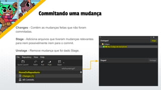 Commitando uma mudança
Changes - Contém as mudanças feitas que não foram
commitadas.
Stage - Adiciona arquivos que tiveram mudanças relevantes
para irem possivelmente irem para o commit.
Unstage - Remove mudança que foi dado Stage.
 