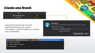 Criando uma Branch
Sua branch precisa sair de outra
branch/commit para ser criada.
Por padrão, a branch master já é iniciada
com o repositório.
 