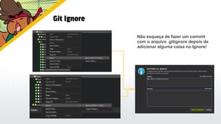 Git Ignore
Não esqueça de fazer um commit
com o arquivo .gitignore depois de
adicionar alguma coisa no Ignore!
 