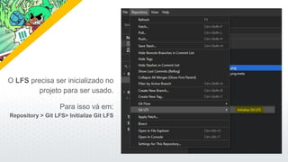O LFS precisa ser inicializado no
projeto para ser usado.
Para isso vá em:
Repository > Git LFS> Initialize Git LFS
 