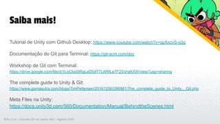 Saiba mais!
Tutorial de Unity com Github Desktop: https://www.youtube.com/watch?v=qpXxcvS-g3g
Documentação do Git para Terminal: https://git-scm.com/doc
Workshop de Git com Terminal:
https://drive.google.com/file/d/1LrjCba0tRgLeD0dT7LWMLe7F2SVrqKXW/view?usp=sharing
The complete guide to Unity & Git:
https://www.gamasutra.com/blogs/TimPettersen/20161206/286981/The_complete_guide_to_Unity__Git.php
Meta Files na Unity:
https://docs.unity3d.com/560/Documentation/Manual/BehindtheScenes.html
Erik Cruz - Usando Git na Game Jam - Agosto 2020
 