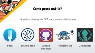 Como posso usá-lo?
Há vários clientes de GIT para várias plataformas
Fork Source Tree Github
Desktop
Tortoise Git GitKraken
 