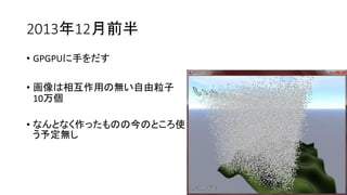 2013年12月前半
• GPGPUに手をだす
• 画像は相互作用の無い自由粒子
10万個
• なんとなく作ったものの今のところ使
う予定無し

 