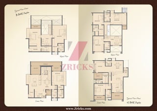 Upper Floor
Lower Floor
3 BHK Duplex
Typical Floor Plans
DRESSER
BEDROOM
TOILET
BEDROOM
TOILET
DRESSER
FAMILY
DN
BALCONY
BEDROOM
KITCHEN
LIVING
DINING
UTILITY
FOYER
TOILET
BALCONY
TOILET
BALCONY
TERRACE
DRESS
UP
4 BHK Duplex
Typical Floor Plans
Lower Floor
BALCONY
TOILET BALCONY
BEDROOM
LIVING
UPSERVANT'S
ROOMUTILITY
TOILET
TOILET
KITCHEN
DINING
FOYER
4'11'' x
10'0"
TOILET
BEDROOM
FAMILY
DN
DRESS
TOILET
BEDROOM
TOILET
BEDROOM
BALCONY
DN
CORRIDOR
Upper Floor
www.Zricks.com
 