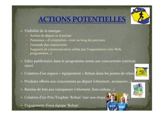   Visibilité	
  de	
  la	
  marque	
  :	
  
       Arches	
  de	
  départ	
  et	
  d’arrivée	
  
       Panneaux	
  «	
  d’orientation	
  »	
  tout	
  au	
  long	
  du	
  parcours	
  
       Dossards	
  des	
  concurrents	
  
       Supports	
  de	
  communication	
  utilisé	
  par	
  l’organisation	
  (site	
  Web,	
  
         programmes…)	
  

  Edito	
  publicitaire	
  dans	
  le	
  programme	
  remis	
  aux	
  concurrents	
  (environ	
  
    2500)	
  

  Création	
  d’un	
  espace	
  «	
  équipement	
  »	
  Rohan	
  dans	
  les	
  points	
  de	
  relais	
  

  Produits	
  oﬀerts	
  aux	
  concurrents	
  au	
  départ	
  (vêtement,	
  accessoire…)	
  

  Remise	
  de	
  lots	
  aux	
  vainqueurs	
  (vêtement,	
  bon	
  cadeau…)	
  

  Création	
  d’un	
  Prix/Trophée	
  ‘Rohan’	
  (sur	
  une	
  étape	
  de	
  la	
  course…)	
  

  Engagement	
  d’une	
  équipe	
  ‘Rohan’	
  
 
