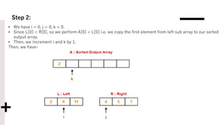 Step 2:
• We have i = 0, j = 0, k = 0.
• Since L[0] < R[0], so we perform A[0] = L[0] i.e. we copy the first element from left sub array to our sorted
output array.
• Then, we increment i and k by 1.
Then, we have-
 
