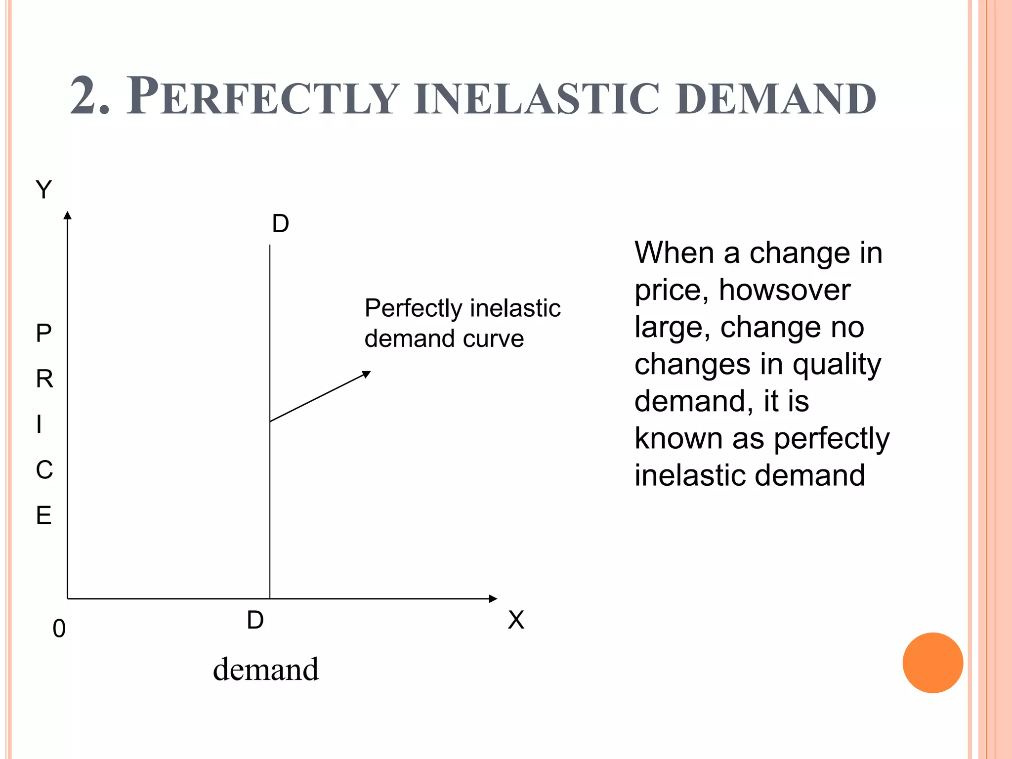 2. PERFECTLY INELASTIC DEMAND
demand
D
D
Perfectly inelastic
demand curve
0
Y
X
P
R
I
C
E
When a change in
price, howsover
large, change no
changes in quality
demand, it is
known as perfectly
inelastic demand
 