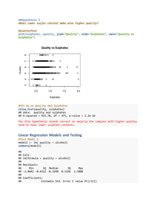 ##Hypothesis 3
#Does lower sulfur content make wine higher quality?
#ScatterPlot
plot(sulphates, quality, ylab="Quality", xlab="Sulphates", main="Quality vs
Sulphates")
#Chi-Sq on Quality and Sulphates
chisq.test(quality, sulphates)
## data: quality and sulphates
## X-squared = 925.78, df = 475, p-value < 2.2e-16
Yes this hypothesis stands correct as majorly the samples with higher quality
tend to have lower sulphate contents.
Linear Regression Models and Testing
#Test Model 1
model1 <- lm( quality ~ alcohol)
summary(model1)
##
## Call:
## lm(formula = quality ~ alcohol)
##
## Residuals:
## Min 1Q Median 3Q Max
## -2.8442 -0.4112 -0.1690 0.5166 2.5888
##
## Coefficients:
## Estimate Std. Error t value Pr(>|t|)
 