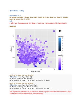 Hypothesis Testing
##Hypothesis 1
#A higher alcohol content and lower fixed acidity tends to equal a higher
quality wine. Why is this?
Sol.
I will use heatmaps and Chi-Square Tests for concluding this hypothesis.
#HeatMap
#Chi-Sq on Quality and Alcohol
chisq.test(quality, alcohol)
## data: quality and alcohol
## X-squared = 1124.5, df = 320, p-value < 2.2e-16
#Chi-Sq on Quality and Alcohol
chisq.test(quality, fixed.acidity)
## data: quality and fixed.acidity
## X-squared = 736.08, df = 475, p-value = 1.416e-13
This hypothesis comes out to be correct as the Chi-Sq tests confirm that there exists a signif
icant relation and heatmap shows the distribution.
 