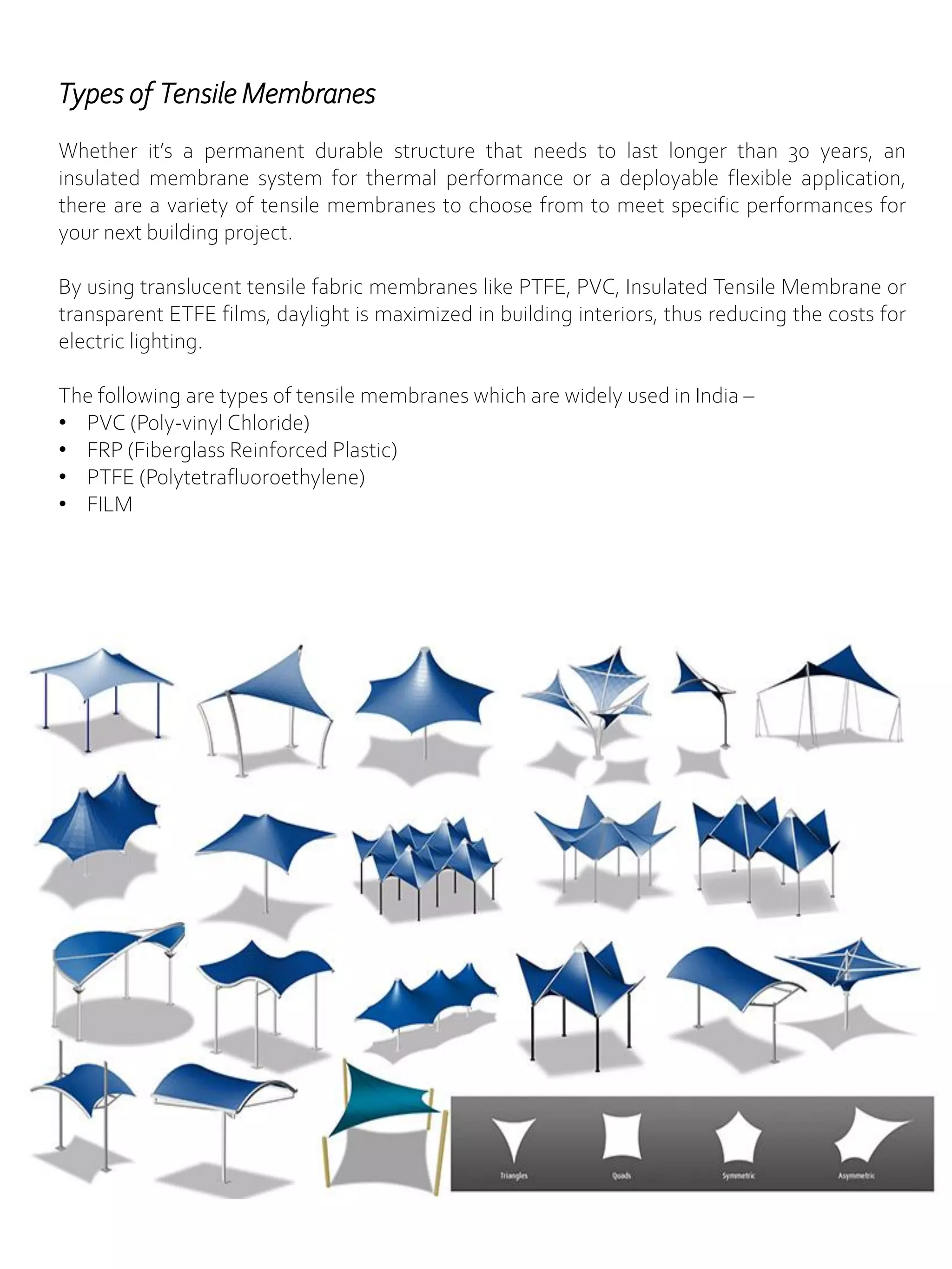 Whether it’s a permanent durable structure that needs to last longer than 30 years, an
insulated membrane system for thermal performance or a deployable flexible application,
there are a variety of tensile membranes to choose from to meet specific performances for
your next building project.
By using translucent tensile fabric membranes like PTFE, PVC, Insulated Tensile Membrane or
transparent ETFE films, daylight is maximized in building interiors, thus reducing the costs for
electric lighting.
The following are types of tensile membranes which are widely used in India –
• PVC (Poly-vinyl Chloride)
• FRP (Fiberglass Reinforced Plastic)
• PTFE (Polytetrafluoroethylene)
• FILM
Types of Tensile Membranes
 