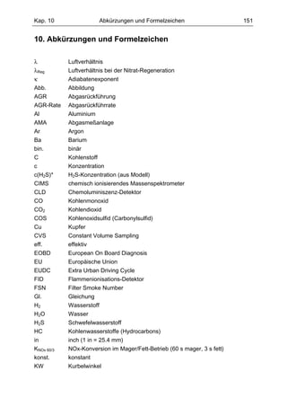 Kap. 10                 Abkürzungen und Formelzeichen                     151


10. Abkürzungen und Formelzeichen

λ           Luftverhältnis
λReg        Luftverhältnis bei der Nitrat-Regeneration
κ           Adiabatenexponent
Abb.        Abbildung
AGR         Abgasrückführung
AGR-Rate    Abgasrückführrate
Al          Aluminium
AMA         Abgasmeßanlage
Ar          Argon
Ba          Barium
bin.        binär
C           Kohlenstoff
c           Konzentration
c(H2S)*     H2S-Konzentration (aus Modell)
CIMS        chemisch ionisierendes Massenspektrometer
CLD         Chemoluminiszenz-Detektor
CO          Kohlenmonoxid
CO2         Kohlendioxid
COS         Kohlenoxidsulfid (Carbonylsulfid)
Cu          Kupfer
CVS         Constant Volume Sampling
eff.        effektiv
EOBD        European On Board Diagnosis
EU          Europäische Union
EUDC        Extra Urban Driving Cycle
FID         Flammenionisations-Detektor
FSN         Filter Smoke Number
Gl.         Gleichung
H2          Wasserstoff
H2O         Wasser
H2S         Schwefelwasserstoff
HC          Kohlenwasserstoffe (Hydrocarbons)
in          inch (1 in = 25.4 mm)
KNOx 60/3   NOx-Konversion im Mager/Fett-Betrieb (60 s mager, 3 s fett)
konst.      konstant
KW          Kurbelwinkel
 