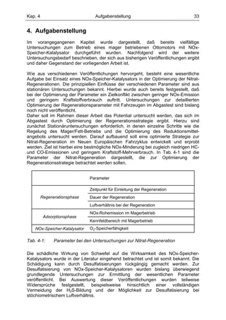 Kap. 4                            Aufgabenstellung                              33


4. Aufgabenstellung
Im vorangegangenen Kapitel wurde dargestellt, daß bereits vielfältige
Untersuchungen zum Betrieb eines mager betriebenen Ottomotors mit NOx-
Speicher-Katalysator durchgeführt wurden. Nachfolgend wird der weitere
Untersuchungsbedarf beschrieben, der sich aus bisherigen Veröffentlichungen ergibt
und daher Gegenstand der vorliegenden Arbeit ist.

Wie aus verschiedenen Veröffentlichungen hervorgeht, besteht eine wesentliche
Aufgabe bei Einsatz eines NOx-Speicher-Katalysators in der Optimierung der Nitrat-
Regenerationen. Die prinzipiellen Einflüsse der verschiedenen Parameter sind aus
stationären Untersuchungen bekannt. Hierbei wurde auch bereits festgestellt, daß
bei der Optimierung der Parameter ein Zielkonflikt zwischen geringer NOx-Emission
und geringem Kraftstoffverbrauch auftritt. Untersuchungen zur detaillierten
Optimierung der Regenerationsparameter mit Fahrzeugen im Abgastest sind bislang
noch nicht veröffentlicht.
Daher soll im Rahmen dieser Arbeit das Potential untersucht werden, das sich im
Abgastest durch Optimierung der Regenerationsstrategie ergibt. Hierzu sind
zunächst Stationäruntersuchungen erforderlich, in denen einzelne Schritte wie die
Regelung des Mager/Fett-Betriebs und die Optimierung des Reduktionsmittel-
angebots untersucht werden. Darauf aufbauend soll eine optimierte Strategie zur
Nitrat-Regeneration im Neuen Europäischen Fahrzyklus entwickelt und erprobt
werden. Ziel ist hierbei eine bestmögliche NOx-Minderung bei zugleich niedrigen HC-
und CO-Emissionen und geringem Kraftstoff-Mehrverbrauch. In Tab. 4-1 sind die
Parameter der Nitrat-Regeneration dargestellt, die zur Optimierung der
Regenerationsstrategie betrachtet werden sollen.


                               Parameter

                               Zeitpunkt für Einleitung der Regeneration
         Regenerationsphase    Dauer der Regeneration
                               Luftverhältnis bei der Regeneration
                               NOx-Rohemission im Magerbetrieb
          Adsorptionsphase
                               Kennfeldbereich mit Magerbetrieb
    NOx-Speicher-Katalysator   O2-Speicherfähigkeit

Tab. 4-1:      Parameter bei den Untersuchungen zur Nitrat-Regeneration

Die schädliche Wirkung von Schwefel auf die Wirksamkeit des NOx-Speicher-
Katalysators wurde in der Literatur eingehend betrachtet und ist somit bekannt. Die
Schädigung kann durch Desulfatisierungen rückgängig gemacht werden. Zur
Desulfatisierung von NOx-Speicher-Katalysatoren wurden bislang überwiegend
grundlegende Untersuchungen zur Ermittlung der wesentlichen Parameter
veröffentlicht. Bei Auswertung dieser Veröffentlichungen wurden teilweise
Widersprüche festgestellt, beispielsweise hinsichtlich einer vollständigen
Vermeidung der H2S-Bildung und der Möglichkeit zur Desulfatisierung bei
stöchiometrischem Luftverhältnis.
 