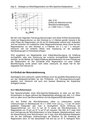 Kap. 6             Strategie zur Nitrat-Regeneration von NOx-Speicher-Katalysatoren   73


 [kg/h]   12
                          CO roh
          10              HC roh
           8
           6                                          Abb. 6-16:
           4                                          Einfluß der Motorlast auf das
                                                      Reduktionsmittelangebot
           2
                                                      (n = 2000 1/min, λ = 0.65)
           0
               0      1     2   3     4   5   6
                             pme [bar]


Bei den noch folgenden Fahrzeuguntersuchungen wird dieser Einfluß berücksichtigt,
indem bei Regenerationen vor dem Wechsel zu λ=1-Betrieb gemäß Variante 6 die
erste Phase der Regeneration von 60 auf 40 Arbeitsspiele verkürzt wird. Außerdem
wird bei Varianten mit zusätzlicher dritter Regenerationsphase deren Dauer bei den
Regenerationen vor dem Wechsel zu λ=1-Betrieb von 2 s auf 1 s reduziert.
Hierdurch soll auf einfache Weise eine Anpassung an die jeweiligen
Randbedingungen im Fahrbetrieb erfolgen.

Wird ausgehend von Magerbetrieb eine Vollast-Beschleunigung mit Anfettung
durchgeführt, wäre eine Verkürzung der zunächst durchgeführten Regeneration
denkbar, da der Betrieb mit Vollast-Anfettung gleichbedeutend mit einer Fortsetzung
der Regeneration ist. Der Sonderfall einer Regeneration vor einer Vollast-
Beschleunigung wurde jedoch nicht näher untersucht, da dieser Fall für den
Abgastest nicht relevant ist.


6.4 Einfluß der Motorabstimmung

Nachfolgend wird untersucht, welche Einflüsse durch die gewählte Motorabstimmung
auf das Katalysatorverhalten bei den Prüfstands- und Fahrzeuguntersuchungen
gegeben sind. Hierdurch soll auch eine bessere Bewertung der Ergebnisse
ermöglicht werden.


6.4.1 NOx-Rohemission
Das Speicherverhalten eines NOx-Speicher-Katalysators ist stark von der NOx-
Konzentration im Abgas während des Magerbetriebs abhängig (vgl. Abb. 3-1). Diese
wird vor allem durch das Brennverfahren und die Abgasrückführrate bestimmt.

Um den Einfluß der NOx-Rohemission näher zu untersuchen, wurden
Untersuchungen im Betriebspunkt mit n = 2000 1/min und pme = 2 bar mit einem
gealterten Katalysator des Typs A durchgeführt. Durch Erhöhung der
Abgasrückführrate von 12.5 % auf 20 % wurde die NOx-Rohemission im
Magerbetrieb von 70 g/h um 47 % auf 37 g/h reduziert. Wie Abb. 6-17 zeigt, führt
eine Verringerung der NOx-Rohemission zu einer längeren Adsorptionsdauer, wenn
die Überschreitung einer NOx-Emission von 2 mg/s nach NOx-Speicher-Katalysator
wie bei den bisherigen Untersuchungen als Kriterium für die Einleitung der
Regeneration dient. Im hier betrachteten Fall wird bei um 47 % niedrigerer NOx-
 