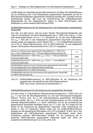 Kap. 6    Strategie zur Nitrat-Regeneration von NOx-Speicher-Katalysatoren               85

In [68] erfolgt eine Abschätzung des Mehrverbrauchs auf Basis der Kraftstoffmasse,
die zur Umsetzung des in den Katalysatoren gespeicherten Sauerstoffs und der im
NOx-Speicher-Katalysator gespeicherten Stickoxide benötigt wird. Zusätzlich soll hier
berücksichtigt werden, daß auch die Unterbrechung des kraftstoffsparenden
Magerbetriebs bei den Regenerationen wegen zu hoher NOx-Emission nach
Katalysator zu einem weiteren Mehrverbrauch führt.

Kraftstoff-Mehrverbrauch für die Umsetzung des in den Katalysatoren gespeicherten
Sauerstoffs
Aus Abb. 6-3 geht hervor, daß bei einem frischen NOx-Speicher-Katalysator des
Typs A in Kombination mit einem Startkatalysator bei n = 2000 1/min und pme = 2 bar
eine Regenerationsdauer von ca. 1.7 s erforderlich ist, um bei einer Regeneration
mit λReg = 0.65 den in den Katalysatoren gespeicherten Sauerstoff umzusetzen.
Hieraus ergibt sich gegenüber einem Betrieb mit λ = 1 ein Kraftstoff-Mehrverbrauch
von 0.751 g. Dieser Mehrverbrauch muß im NEFZ-Warmtest 16 mal aufgebracht
werden. Die einzelnen Rechenschritte sind in Tab. 6-7 angegeben.

 Dauer zur Umsetzung des gespeicherten Sauerstoffs bei n = 2000 1/min,
                                                                                  1.7
 pme = 2 bar, Regeneration mit λ = 0.65 (aus Stationäruntersuchungen) [s]
 Kraftstoffverbrauch bei n = 2000 1/min, pme = 2 bar, λ = 0.65 (aus Stationär-
                                                                                 4500
 untersuchungen) [g/h]
 Kraftstoffverbrauch bei n = 2000 1/min, pme = 2 bar, λ = 1 (aus Stationär-
                                                                                 2910
 untersuchungen) [g/h]
 Kraftstoff-Mehrverbrauch für die Umsetzung des gespeicherten Sauerstoffs
                                                                                 0.751
 bei der Regeneration (aus Stationäruntersuchungen) [g]
 Anzahl Regenerationen im NEFZ-Warmtest [-]                                       16
 Kraftstoff-Mehrverbrauch für die Umsetzung des gespeicherten Sauerstoffs
                                                                                 12.01
 im NEFZ-Warmtest [g/Test]

Tab. 6-7: Kraftstoff-Mehrverbrauch im NEFZ-Warmtest für die Umsetzung des
          gespeicherten Sauerstoffs bei den Nitrat-Regenerationen
          (NSK Typ A frisch, Drehmoment-Schwellenwert 1)


Kraftstoff-Mehrverbrauch für die Umsetzung der gespeicherten Stickoxide
Aus den in Kap. 6.1 beschriebenen Stationäruntersuchungen bei n = 2000 1/min und
pme = 2 bar sind die NOx-Massenströme vor und nach NOx-Speicher-Katalysator
bekannt. Hieraus kann die in der Adsorptionsphase gespeicherte NOx-Masse
errechnet werden. Bei λReg = 0.65 und einer Adsorptionsdauer von 80 s beträgt die
optimale Regenerationsdauer 3 s. Durch Subtraktion der für die Umsetzung des
gespeicherten Sauerstoffs benötigten Dauer von 1.7 s (vgl. Tab. 6-7) ergibt sich die
Dauer für die Umsetzung der gespeicherten Stickoxide. Unter Verwendung von
bereits in Tab. 6-7 genannten Werten ergibt sich ein Kraftstoff-Mehrverbrauch
bezogen auf die gespeicherte NOx-Masse von 0.375 g Kraftstoff / g NOx. Die in den
Magerphasen des NEFZ-Warmtests gespeicherte NOx-Masse wurde durch
Auswertung mehrerer NEFZ-Warmtests ermittelt. Für die Umsetzung der im
gesamten NEFZ-Warmtest gespeicherten Stickoxide ergibt sich somit ein
zusätzlicher Kraftstoffverbrauch von 2.38 g (Tab. 6-8).
 
